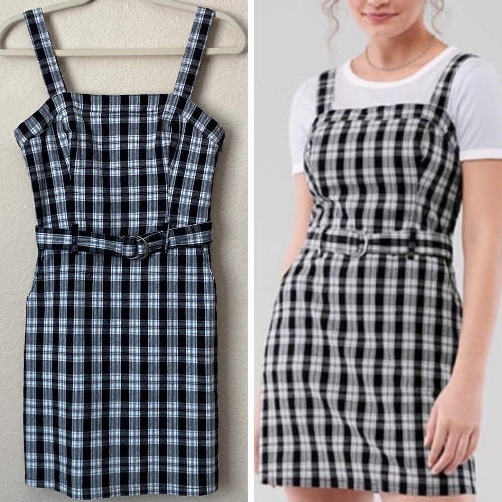 Hollister Plaid Belted Waist Flattering Mini Dress Academia